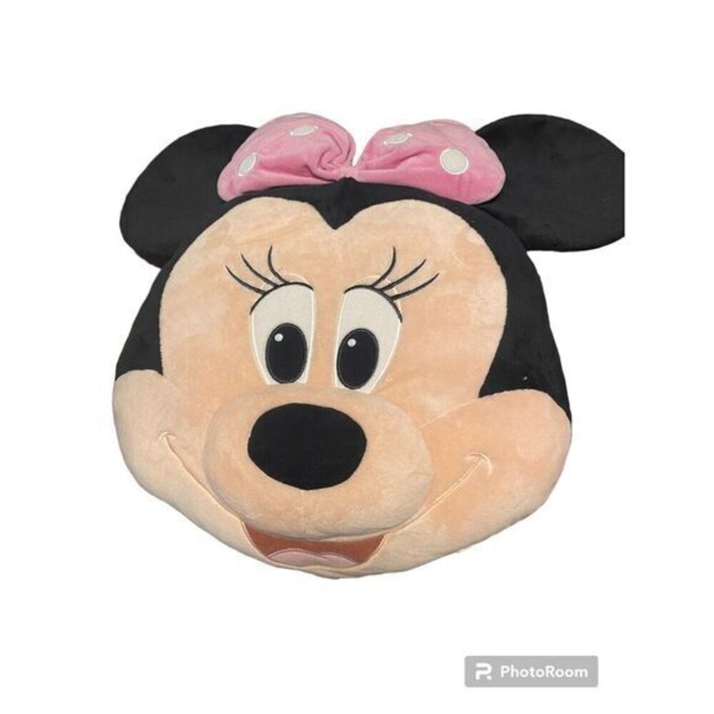 Disney Store Minnie‎ Mouse 17x20 Head Pillow Plush Face Pink Bow Stuffed Animal